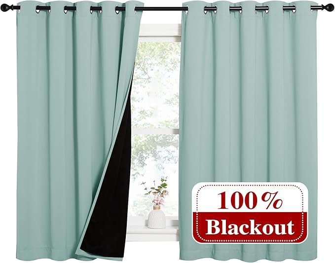 NICETOWN Aqua Blue 100% Blackout Lined Curtains, 2 Thick Layers Completely Blackout Window Treatment Thermal Insulated Drapes for Kitchen/Bedroom (1 Pair, 62" Width x 63" Length Each Panel) - Image 2