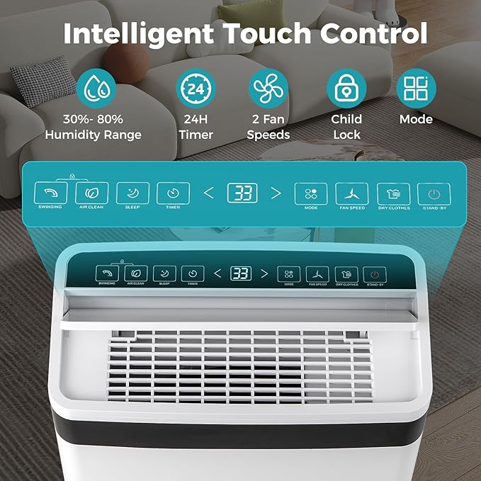 COSTWAY 4,500 Sq. Ft Dehumidifier for Basement, 3-Color Humidity Indicator, Dry Clothes Mode, 12" Drain Hose & Wheels, 57 Pint/Day Dehumidifier for Large Room (White&Black) - Image 2