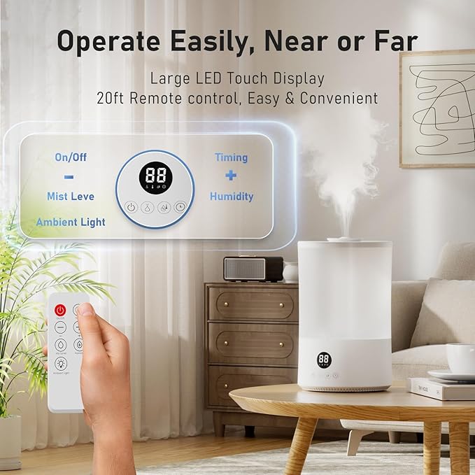 Humidifiers for Bedroom, 4L Top Fill Humidifier for Large Room, 250ml/h Cool Mist Output Humidificador, 24dB Quiet Air Humificador with Remote, Easy to Fill & Clean, fit Baby & Indoor - Image 4
