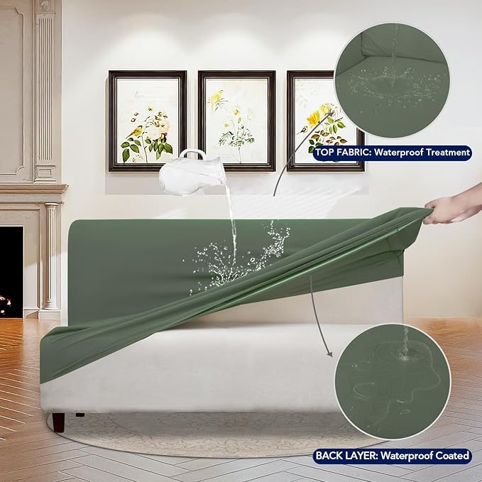 PureFit 100% Dual Waterproof Futon Cover - Stretch Non Slip Fleece Sofa Covers, Washable, Leakproof Furniture Protector for Kids, Pets, Dogs (Grayish Green) - Image 3