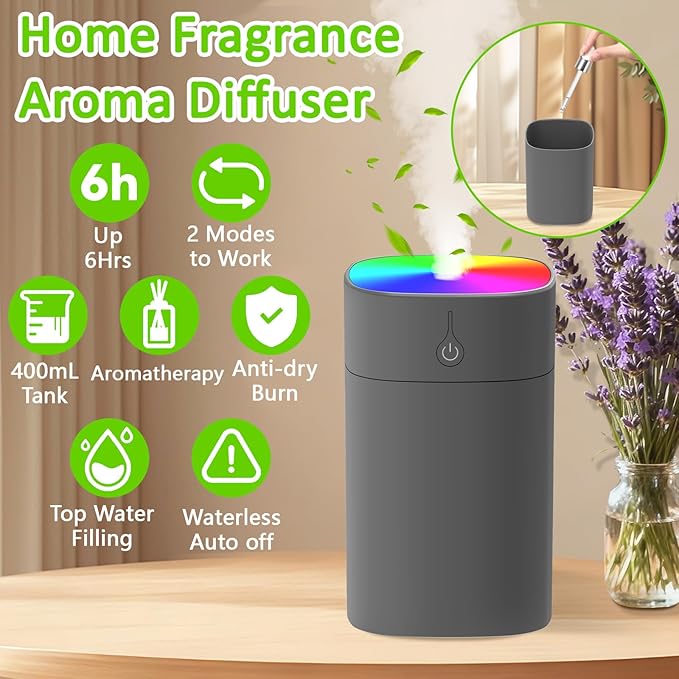 Portable Mini Humidifiers for Bedroom, 400ml Aroma Diffuser for Home Personal Desktop Plant Humidifier Indoor Fragrance Aroma Diffuser with 2 Modes, Night Light and Auto-Off Small Diffuser for Car - Image 4