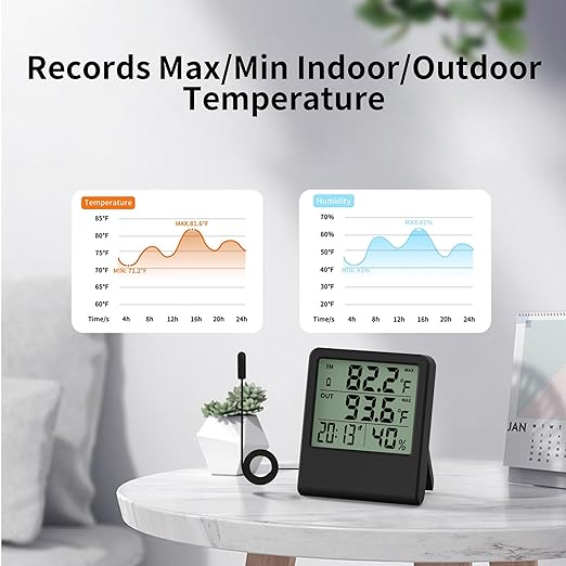 4-in-1 Thermometer Hygrometer with Alarm Clock, Large LCD, 1.5 m Waterproof Probe for Fridge/Greenhouse/Aquarium, 10-Second Refresh, Max/Min, °C/°F, Wall/Desk/Magnetic Mount - Image 5