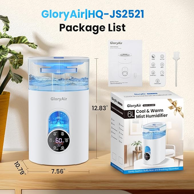 Humidifiers for Bedroom Large Room Home - GloryAir 6L Quiet Top Fill Cool & Warm Mist Humidifier with Smart Humidity Control, Remote Control, 7-Color Light, Humidistat, Oil Diffuser for Plants & Baby - Image 7
