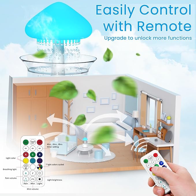 Diffuserlove Cloud Humidifier Rain Water Drip Diffuser Humidifier with Remote Waterfall Lamp Mushroom Humidifier Rain Sounds White Noise Humidifier Air Humidifiers for Bedroom Desk - Image 5