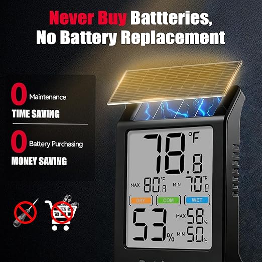 BaldrTherm Room Thermometer Indoor Humidity Meter Solar Powered with Max/Min Memory & Comfort Indicator - 3.2" Large Display for Home, Black, 2Pack - Image 2