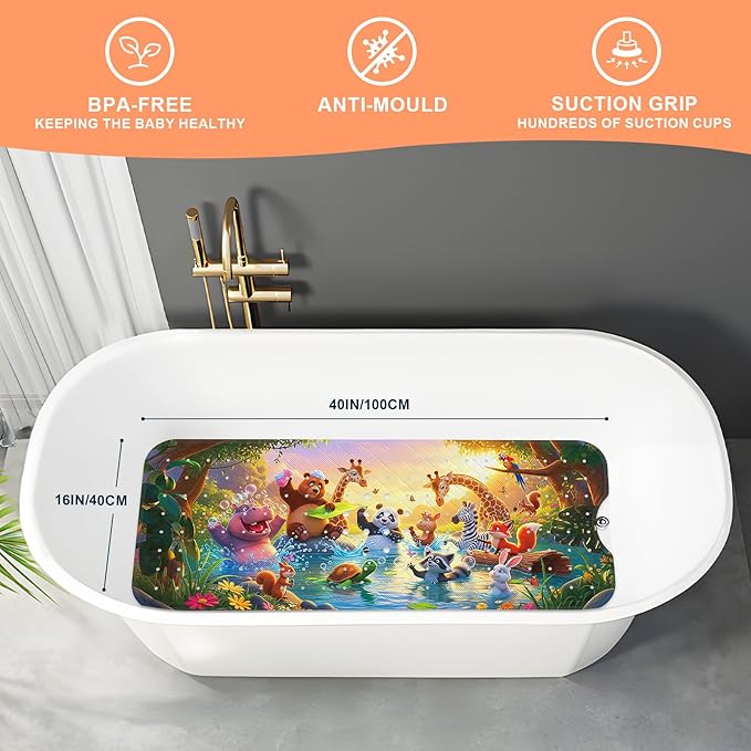 XIYUNTE Upgrade Baby Bath Mat Non Slip - 40"x16" Extra Long Kids Bath Mat for Tub Non Slip Bathtub Mat Eco-Friendly Toddler Bath Mats with Suction Cups, Machine Washable and No Fading, Animal Dusk - Image 2
