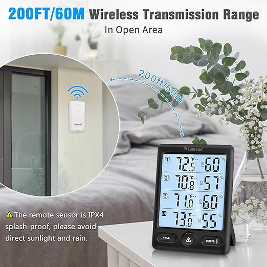 Geevon Indoor Outdoor Thermometer Wireless 3 Remote Sensors, 5-Inch Display Digital Hygrometer Thermometer Temperature Humidity Monitor with 8S Backlight, Battery-Powered (Black) - Image 8