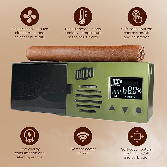 Cigar Oasis Ultra 4.0 Cigar Humidor Humidifier - Electric Humidor Humidifier w/LCD Humidity & Temperature Display, Soft-Touch Buttons - Sensor-Controlled Fan, Humidor for Cigar, 50-100 Cigars - Image 4
