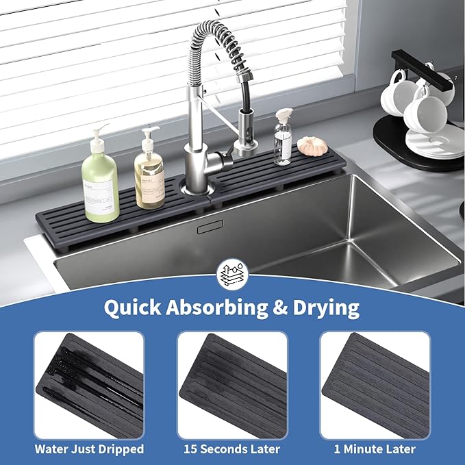 Faucet Mat for Kitchen Sink, Water Absorbent Kitchen Faucet Mat, Durable Sink Splash Guard with Raised Feet, Diatomite Fast Drying Kitchen Sink Faucet Mat, Stone Drying Tray for Bathroom Counter - Image 5
