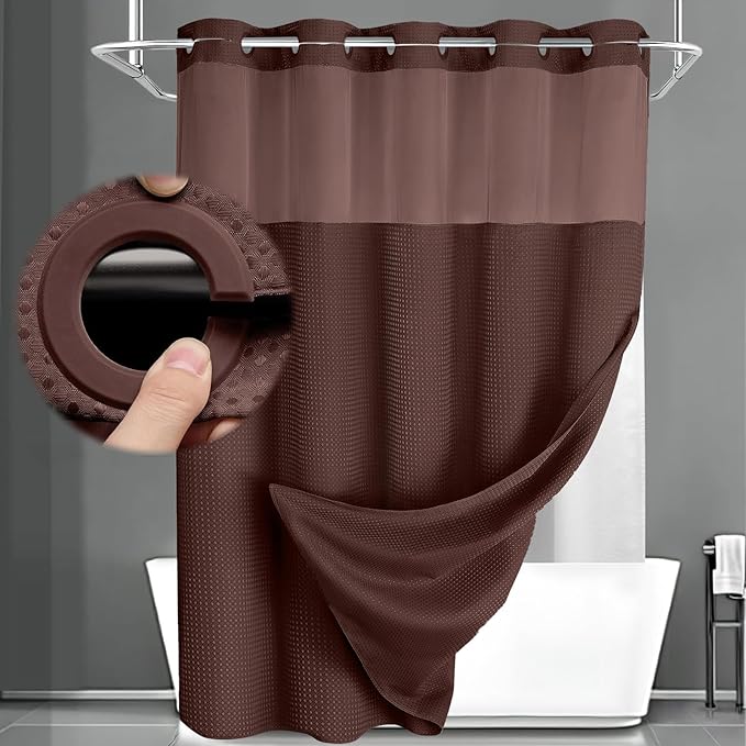 No Hook Shower Curtain and Liner Set,Brown Hotel Waffle Shower Curtain with Liner 75" L x 72" W by Unknown