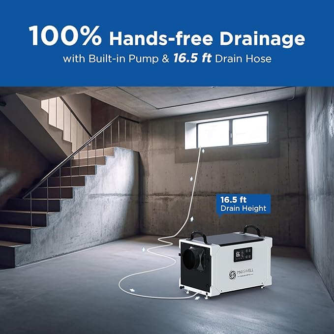 145 Pints Commercial Dehumidifier with Pump and Drain Hose, Energy Star Certified Crawl Space dehumidifier, Industry Water Damage Unit for up to 6,000 sq ft Basements - Image 3