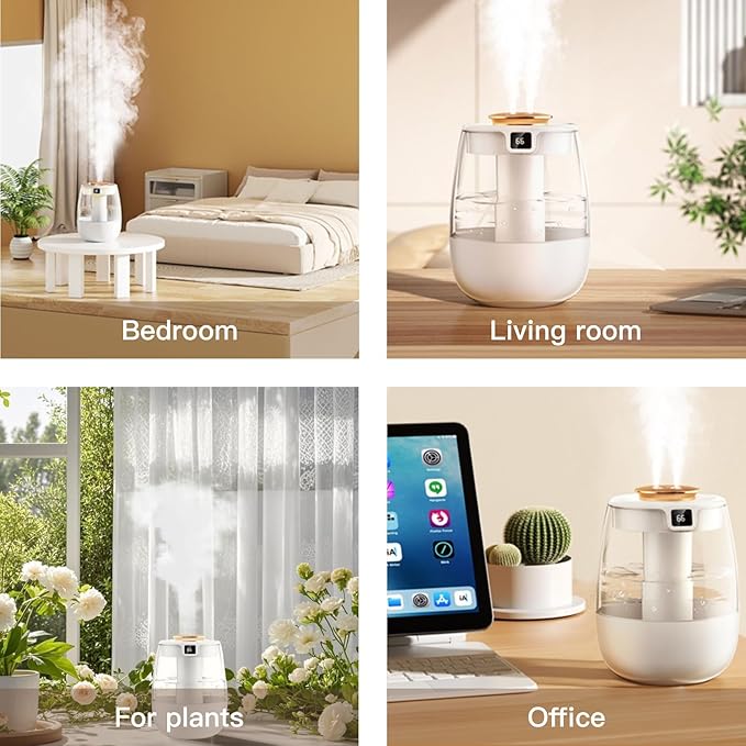 Double Spray Air Humidifier for Bedroom, 2L Quiet Cool Mist Humidifier for Plants Dorm Room Office Home Car Personal Humidificador with Digital Display 3 Mist Modes & Night Light - Image 8