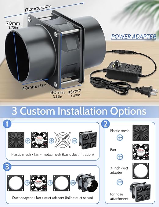 Wathai 80mm Small 12V DC Axial Exhaust Fan with AC Adapter, 3 Inch Duct Fan for Fume Extractor, Soldering Smoke, 3D Printer Enclosure, Laser Engraver Dual Ball High Airflow - Image 2