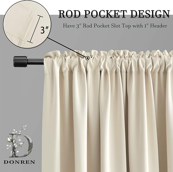 DONREN 48 Inch Length Cream Beige Curtains for Bedroom - Small Window Treatment Rod Pocket Room Darkening Curtain Drapes (Set of 2 Panels,52 W x 48 L) - Image 3