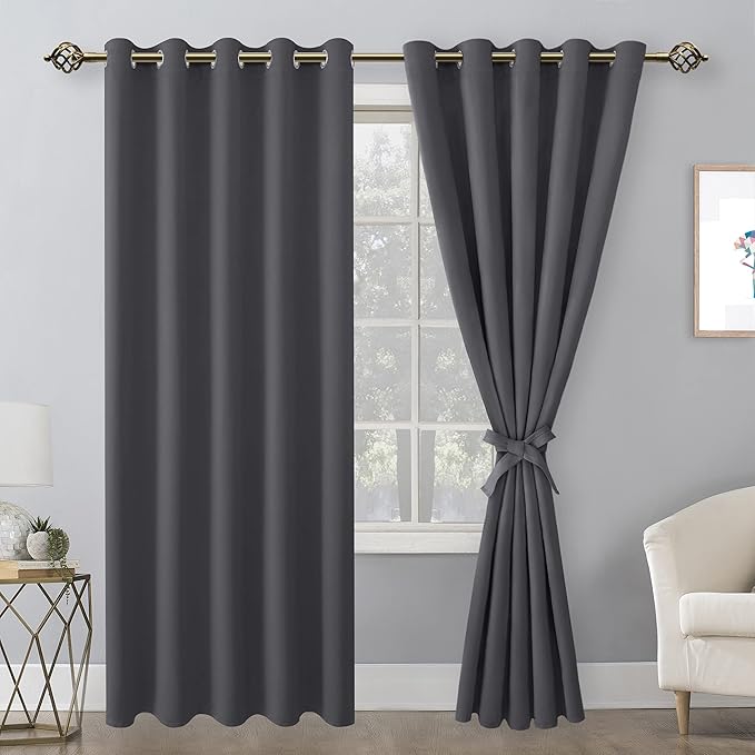 Hiasan Blackout Curtains for Bedroom, 60 x 84 Inches Long - Thermal Insulated & Light Blocking Window Curtains for Living Room, 2 Drape Panels Sewn with Tiebacks, Dark Grey - Image 2