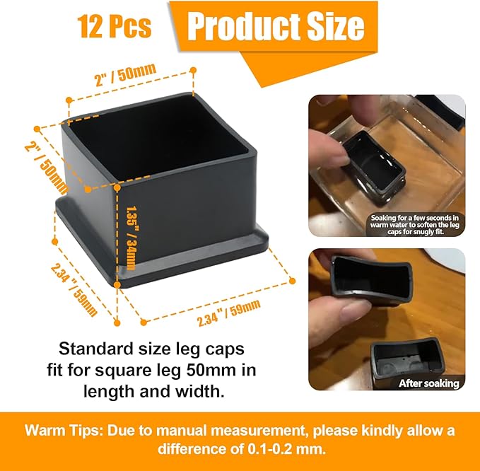 12PCS Rubber Chair Leg Tips Caps, 2" x 2" Square Rubber Covers Black Furniture Foot Table Chair Leg End Cap, Anti-Slip Chair Leg Floor Protectors, Black - Image 2
