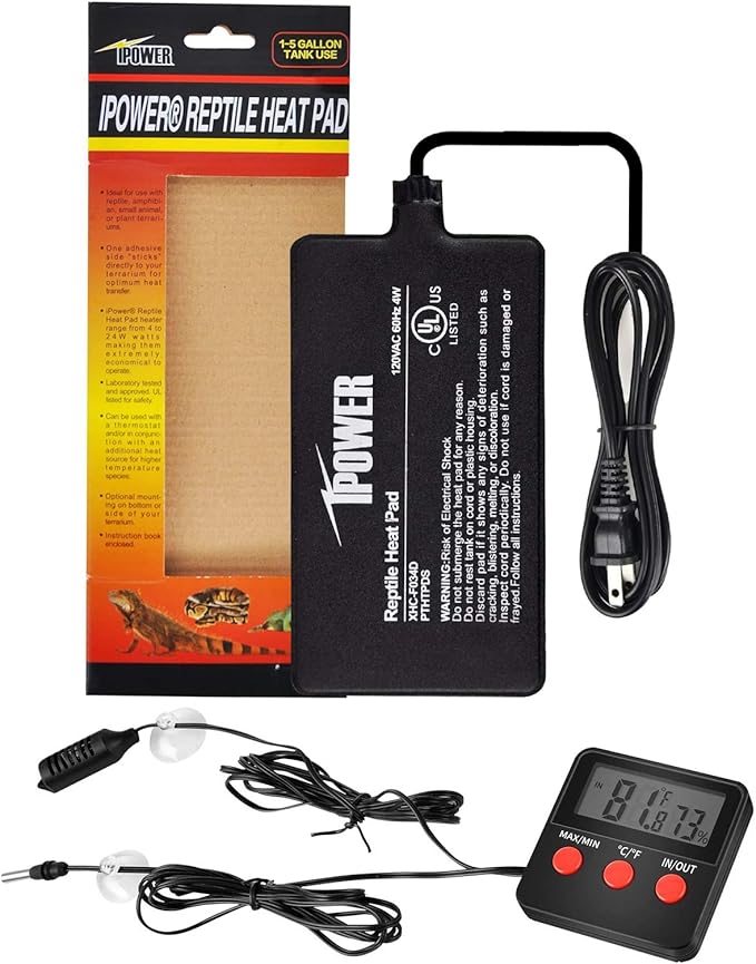 iPower 4"x7" Reptile Heat Mat Under Tank Terrarium Heater Warmer Heating Pad, Digital Thermometer and Hygrometer with Temperature and Humidity Probe for Amphibian Pet and Small Animals by iPower
