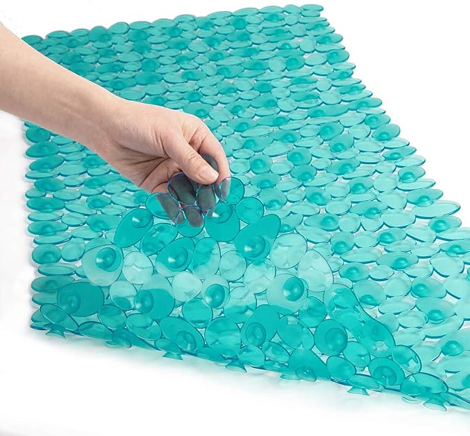 WELTRXE Non Slip Bath Mat Pebbles Bathtub Mat with Suction Cups, Drain Holes for Bathroom Showers, Tub, 35 x 16 Inches Machine Washable Bathroom Mats BPA, Latex Free Safe Shower Mats - Teal by WELTRXE