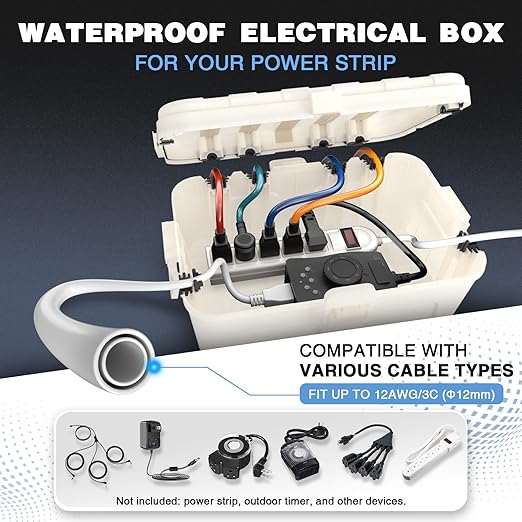Flemoon Large Outdoor Electrical Box (12.5 x 8.5 x 5 inch), IP54 Waterproof Outdoor Extension Cord Cover Weatherproof, Protect Outlet, Plug, Socket, Timer, Power Strip, Holiday Light Decoration, White - Image 2