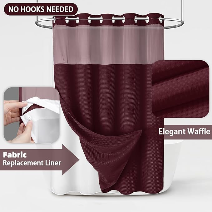 No Hook Shower Curtain and Liner Set,Burgundy Hotel Waffle Shower Curtain with Liner 75" L x 72" W - Image 3