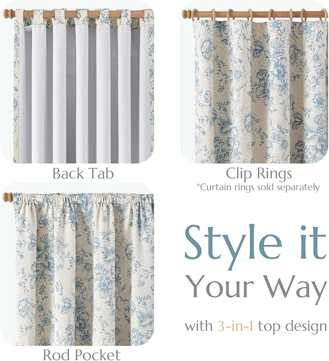 jinchan Blackout Linen Blend Curtain Floral Blackout Curtains for Living Room 63 Inch Length Blue Printed with Lined Blackout Curtain for Bedroom Farmhouse Curtains Set 2 Panels - Image 4