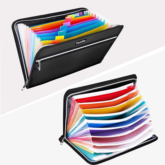 Fireproof Safe Waterproof Accordion File Bag Folder Expanding Filing Folder with 14 Multicolored Pockets, A4 Letter Size, Document Organizer Holder and Color Labels /2 Zipper (Black 14.3" x 9.8") - Image 3