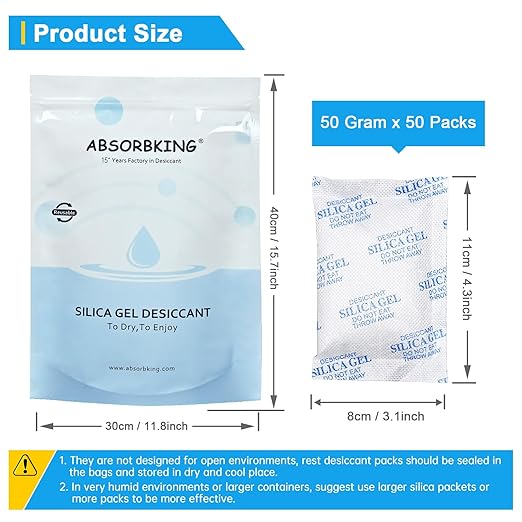 Silica Gel Packets – 50 Gram 50 Packs Moisture Absorbers, Desiccant Packs for Storage, Food Safe Desiccant for Foods, Seeds, 3D Filaments, Electronics, Safes - Image 3