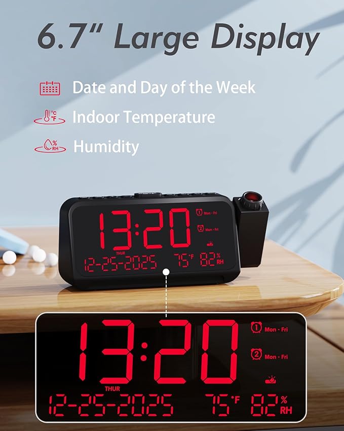 Roxicosly Projection Alarm Clock for Bedroom Ceiling, 118 dB Super Loud for Heavy Sleepers, 6.7" Large Digital Dimmable Display with Day Date Indoor Temp Humidity, Dual Alarms Adjustable Volume - Image 5