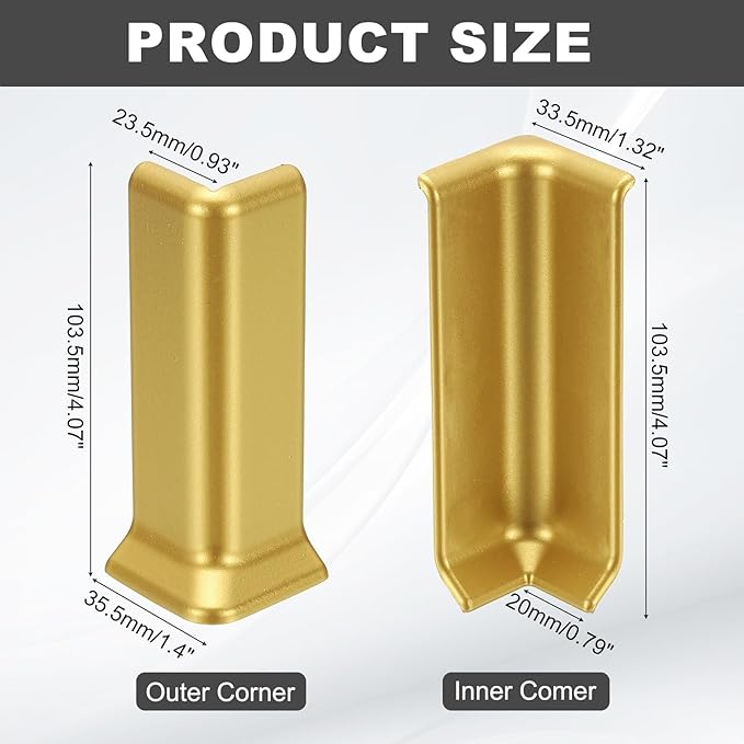 uxcell Self Adhesive Baseboard Corner Blocks, 4.07 Inch Wall Edge Corner Protector 2 Inside + 2 Outside Corners-Connector for Wall Floor Furniture Edge(Gold) - Image 2
