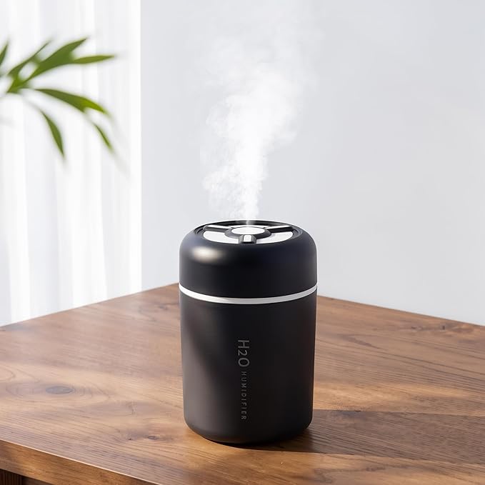 Portable Mini Humidifier, 300ml USB Cool Mist Small Humidifier with Colorful Lights. Perfect for Bedroom, Office, Plants, travel & Car (Black) by Riecin