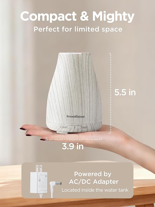 InnoGear Essential Oil Diffuser, Ultrasonic Diffusers for Home Aromatherapy Humidifier for Bedroom Room 7 Colors LED 2 Mist Mode Auto Off, White Grey - Image 2