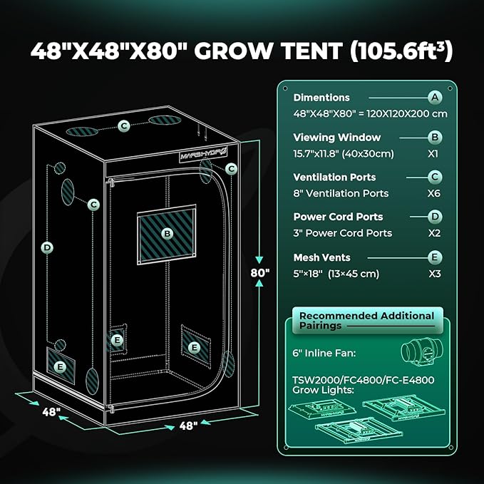 MARS HYDRO 4x4 Advanced Grow Tent, 48"x48"x80" High Reflective Mylar 1680D for Hydroponics Indoor Plant Growing, with Observation Window,Floor Tray and Smooth Zipper for TSW2000/FC4800/FC-E4800 - Image 9