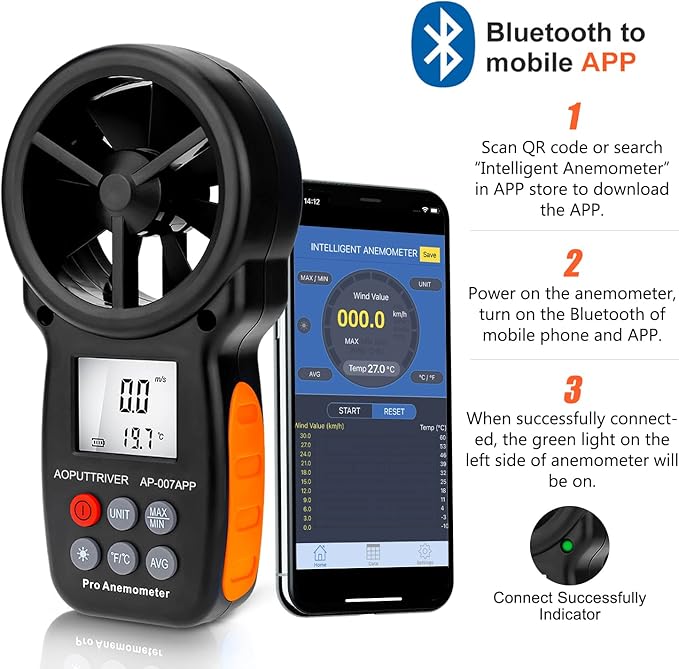 Bluetooth Anemometer,CFM Air Flow Velocity Tester, Digital Wind Speed Gauge Meter with 14℉-113℉ Wind Temperature Measuring and USB Data Export - Image 4