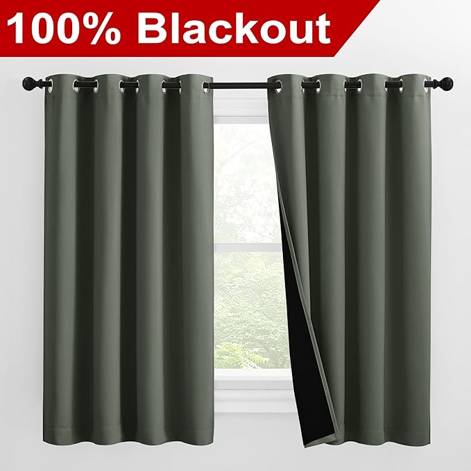 NICETOWN 100% Blackout Curtains 57 inches Long, Double-Deck Completely Blackout Window Treatment Thermal Insulated Lined Drapes for Small Window (Dark Mallard, 1 Pair, 55 inches Width Each Panel) - Image 2
