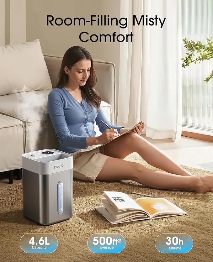 4.6L/1.2Gal Stainless Steel Humidifier for Bedroom, Top Fill Ultrasonic Cool Mist Humidifier Dishwasher Safe, Ultra-Low Noise, Sleep Mode, Humidifiers for Baby Nursery, Office & Indoor Plants - Image 7
