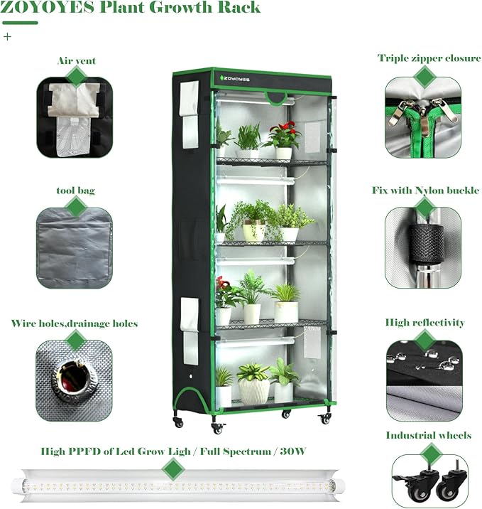 Indoor Greenhouse with Grow Light, 35.8" W x 17.8" D x 71.8" H, 5-Tier Plant Shelf with 3-Color T8 Growth Lights, Plant Stand with Smart Timing Plug and thermohygrometer - Image 5