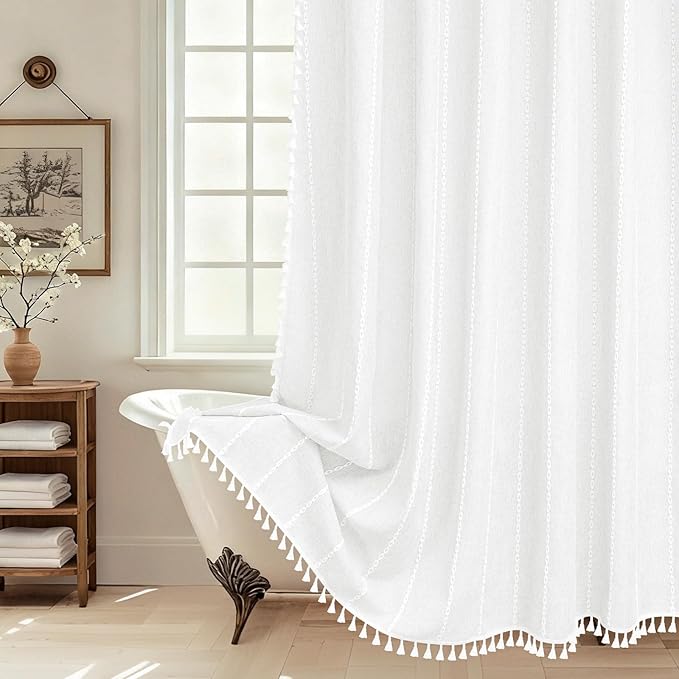 72 x 84 inch Extra Long Boho Farmhouse Shower Curtain with Tassels, White Linen Textured Soft Fabric Shower Curtain Heavyweight, Elegant French Country Striped Bathroom Curtain Water Repellent by Seenus