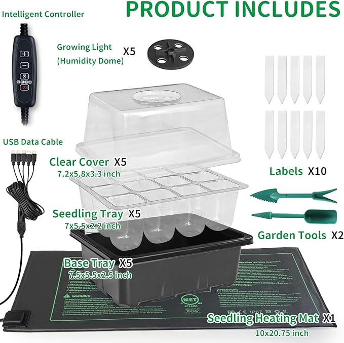 NAMOTEK 5 Pack Seed Starter Tray with Heat Mat and Grow Light Humidity Domes, 60 Cell Trays Germination Station Cloning Kit - Image 2