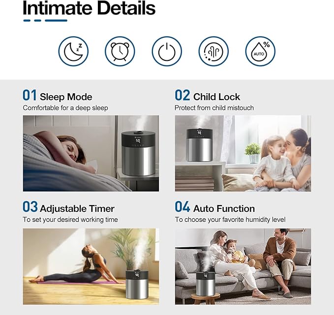 4.5L Humidifiers for Bedroom Large Room, Ultrasonic Cool Mist Humidifier with Stainless Steel Tank for Boiling Cleaning, Top Fill Humidifier with Smart Humidistat & Timer, Sleep Mode - Image 6