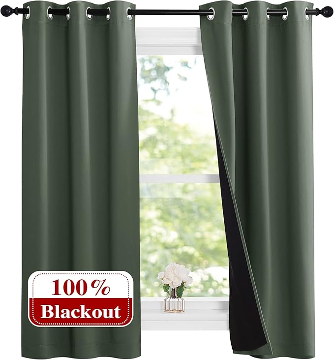 NICETOWN Dark Mallard 100% Blackout Lined Curtains, 2 Thick Layers Narrow Wide Window Treatment Panels Thermal Insulated Drapes for Kitchen Small Window (1 Pair, 37" Width x 63" Length Each Panel) by NICETOWN