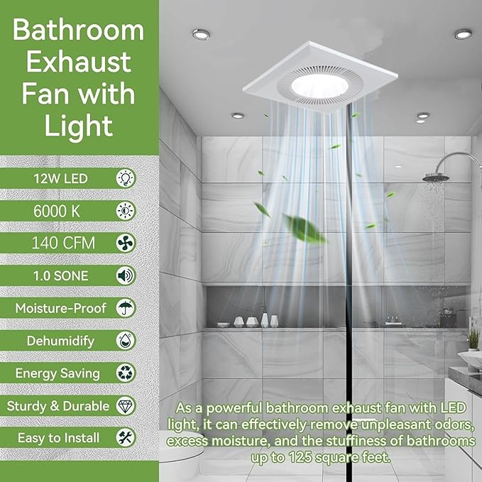 Ventilation Fan with LED Light Quiet square Bathroom Exhaust Fan with Light for Home Bath Hotel 140 CFM with LED Light 6000K 1.0 Sones Easy install 4-inch - Image 2