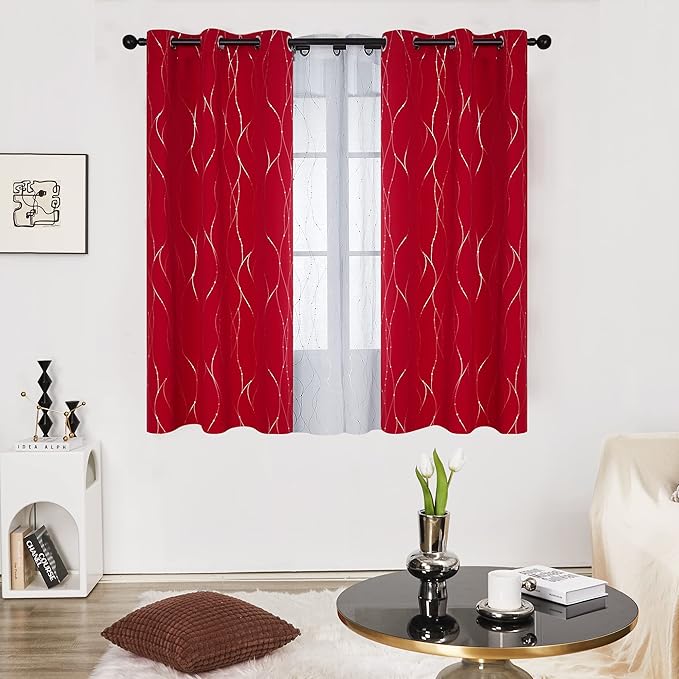 Deconovo Short Blackout Curtains, Christmas Red Curtain, Thermal Insulated Soundproof Drapes, Wave Line Dots Foil Print, 38 x 54 Inch, 2 Panels, Machine‑Washable Window Drape for Kitchen Small Window - Image 9
