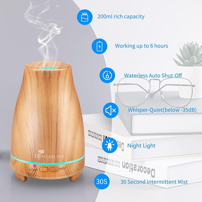 Diffuserlove Essential Oil Diffuser 200ML Aroma Diffuser Mist Humidifiers with 7 Color LED Lights, Auto Shut-Off Function for Bedroom Office Room House - Image 3