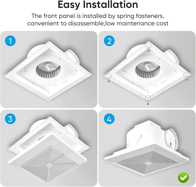 10 Inch Bathroom Exhaust Fan, 160 CFM 1.0 Sones Square Ultra Quiet Bathroom Vent Fan for Ceiling Mount, 110V-220V Bath Vent Extractor for 10.03" Ceiling Opening - Image 7