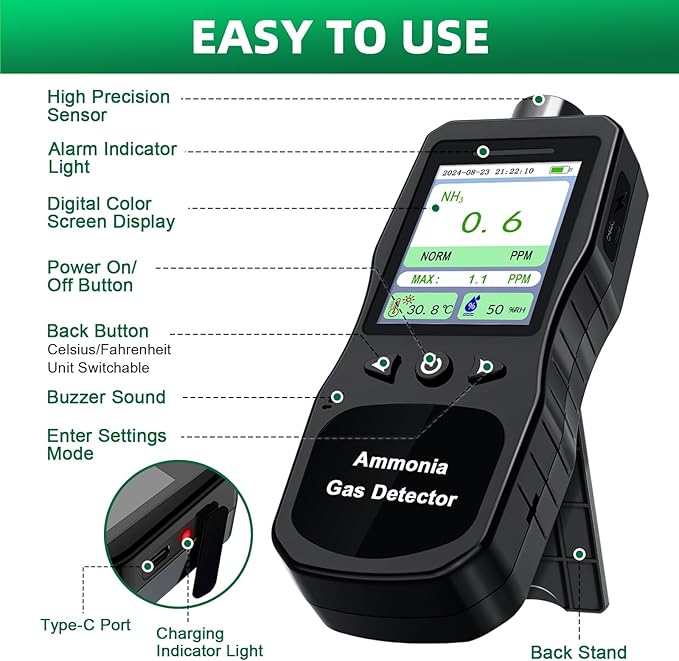 Portable Ammonia Gas Detector, 0-200 PPM Rechargeable Ammonia Gas Monitor, Digital Air Quality NH3 Gas Meter with Temperature Humidity Tester for Farm, Poultry, Pig & Livestock - Image 6