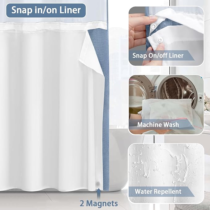 No Hook Shower Curtain and Liner Set,Sky Blue Hotel Waffle Shower Curtain with Liner 75" L x 72" W - Image 4