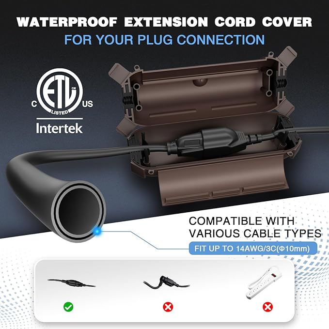 Flemoon [3 Pack] Outdoor Extension Cord Waterproof Cover, Weatherproof Electrical Connection Box for Outdoor Plug, Outlet, Outdoor Outlet, Socket, Halloween, Christmas Holiday Decoration Light, Brown - Image 2