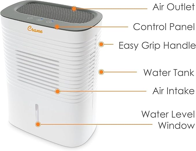 Crane Compact Dehumidifier for 300 Sq Ft Rooms, 0.5 Gallon Tank, For Basements, Bedrooms, Offices, Portable Dehumidifier, Auto Shut-Off, Whisper Quiet - Image 2