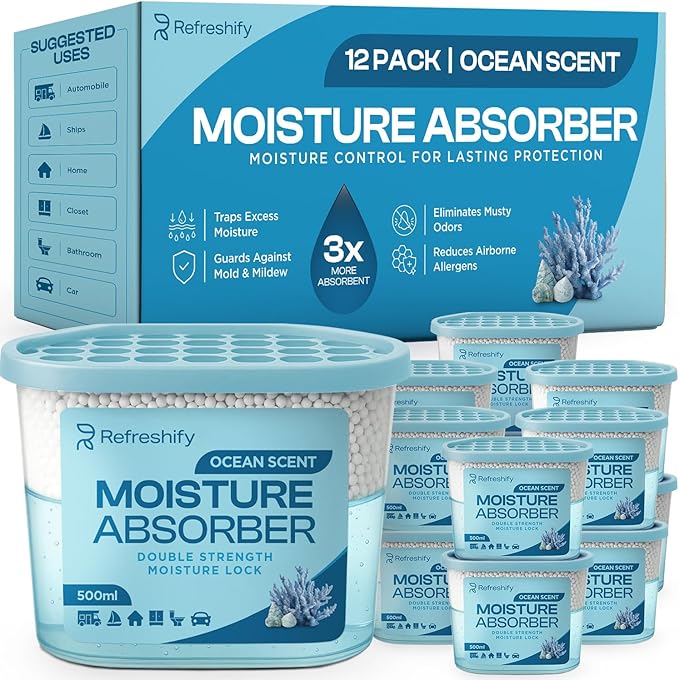 Premium Moisture Absorbers and Dehumidifier Tubs – High-Efficiency Closet Dehumidifier, Ocean Scent, 12 Pack, 7.5 Oz by AllSettHealth