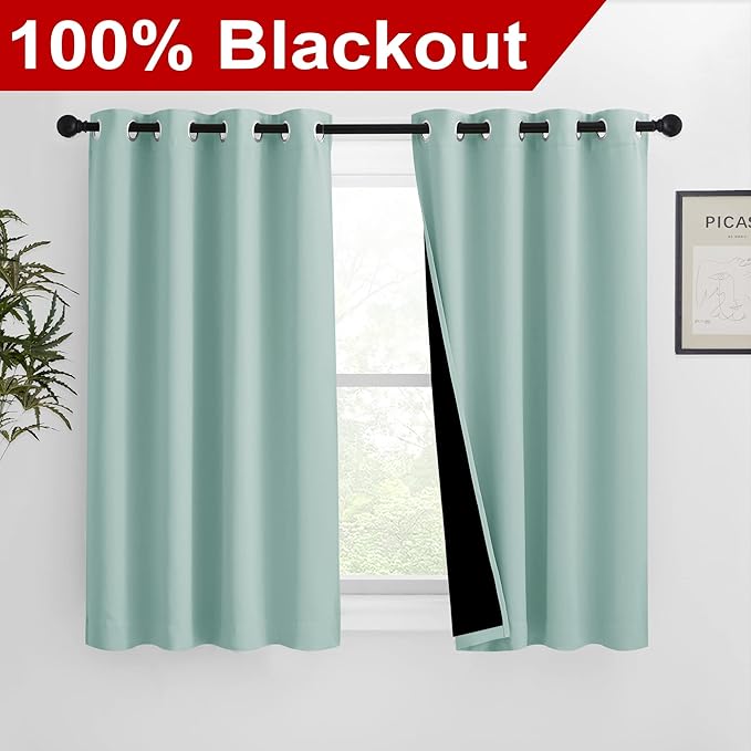 NICETOWN 100% Blackout Curtains 54 inches Long, Double-Deck Completely Blackout Window Treatment Thermal Insulated Lined Drapes for Small Window (Aqua Blue, 1 Pair, 46 inches Width Each Panel) - Image 2